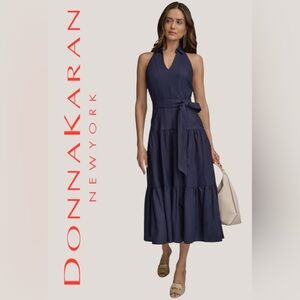 Donna Karan Blue Tiered Halter Sundress Lein Blend NWT Size 8 Medium